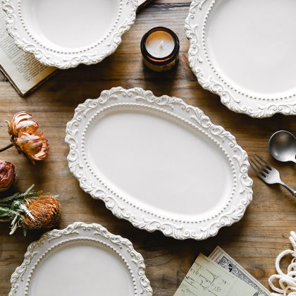 Vintage Baroque Embossed Palace Style Ceramic Oval Dinner Plate Tableware