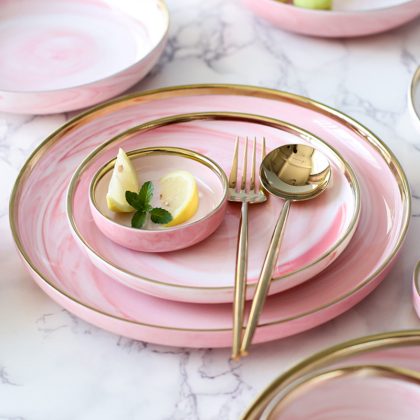 3PCS Pink Marble Glazes Ceramic Plate Bowl Set Dinnerware Set